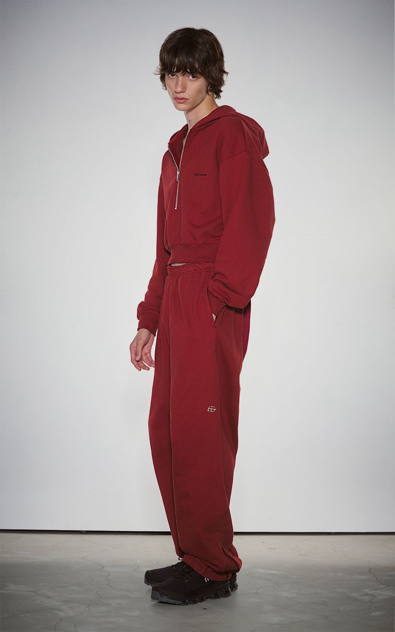 HAIF-ZIP HOODIE (CROP)_DARK RED