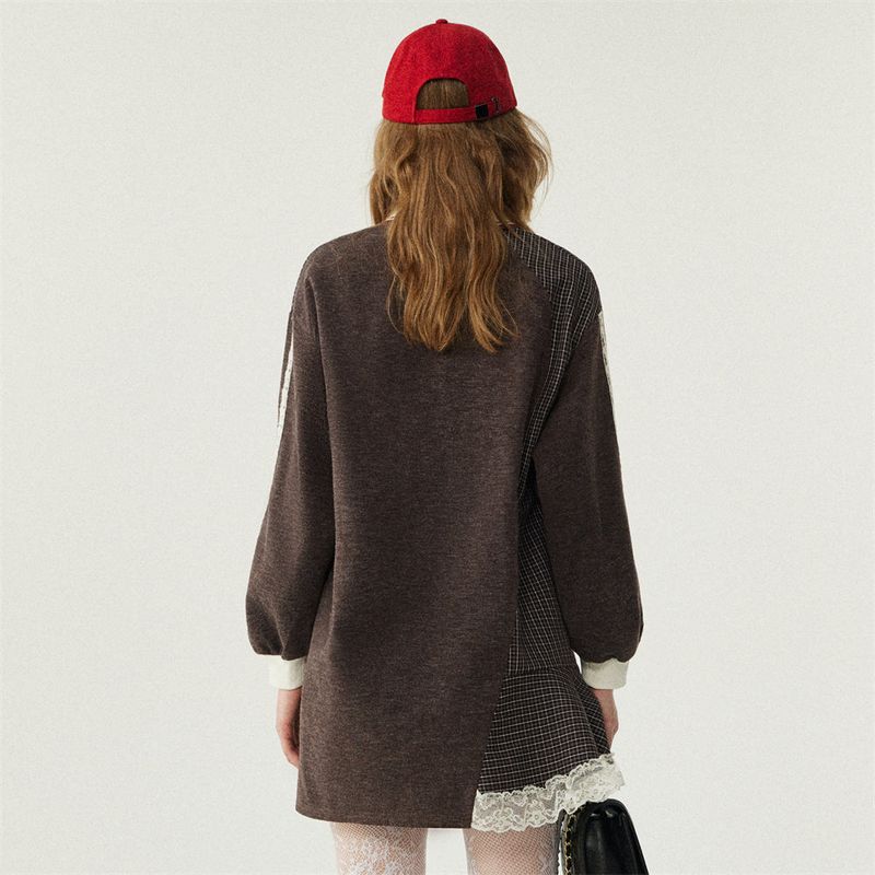 Lace Patchwork Check Sweatshirt Dress