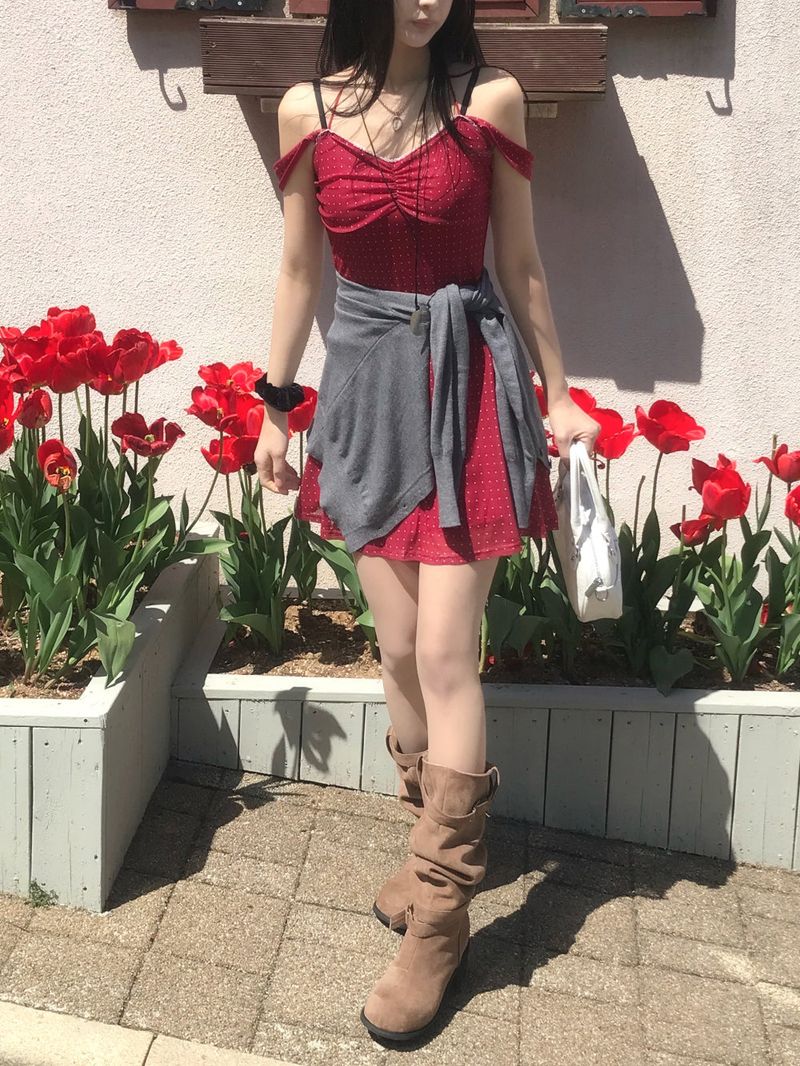 Cherry Kiss Dot Shirring Halter Mini Dress