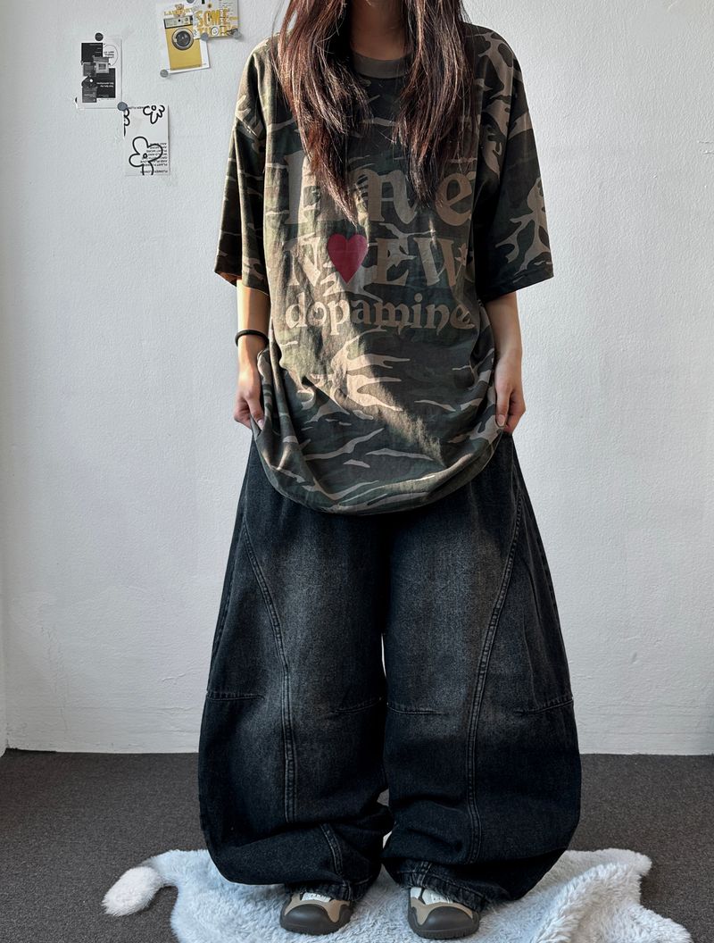 Devil Rivet Elastic Waist Balloon Denim Pants 2color
