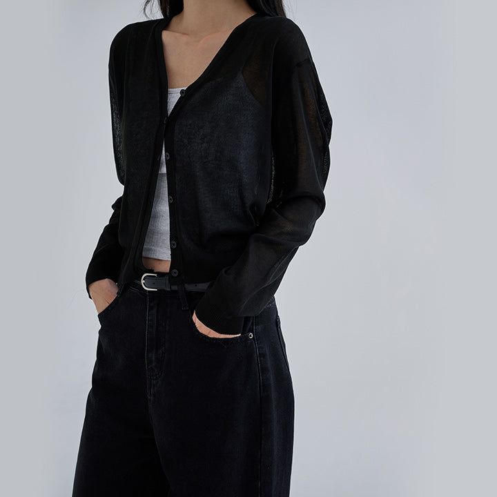 [Polia] Sheer V-neck Long Sleeve Cardigan - 8color
