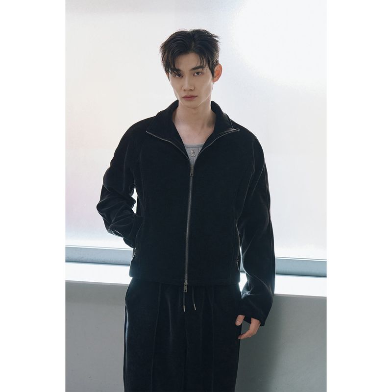 Velvet corduroy curved crop zip up(Black)