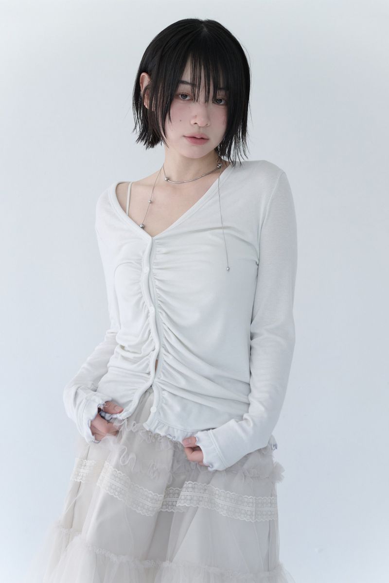 mireco（ミレコ）の「ASYMMETRIC SHIRRING LACE CARDIGAN DUSTY WHITE（Tops）」