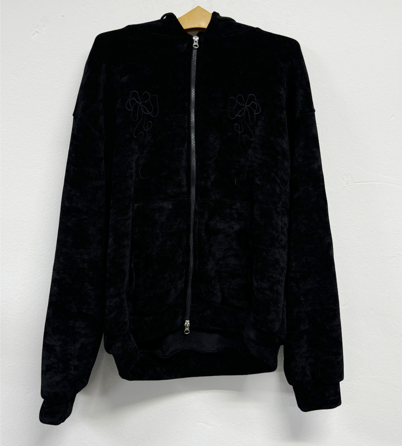 RIBBON PATTERN VELVET HOOD ZIP-UP💚💙🖤 - 3 COLORS