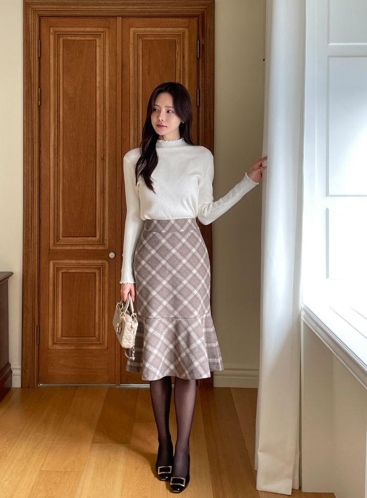 Kellin Wool Check Mermaid Midi Skirt