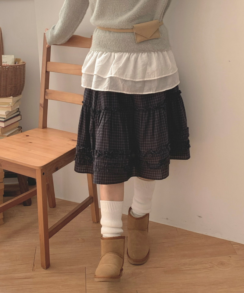 Luen midi checkered skirt Fall layered frill soft fit