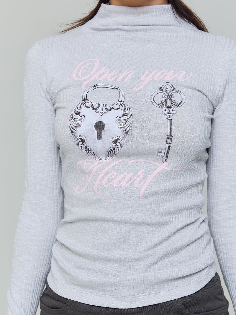 OPEN YOUR HEART TURTLENECK T-SHIRT - GRAY