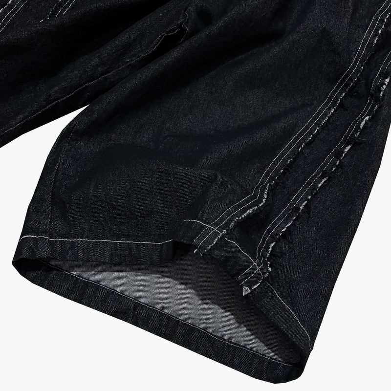 layered deconstructed denim capri shorts_black