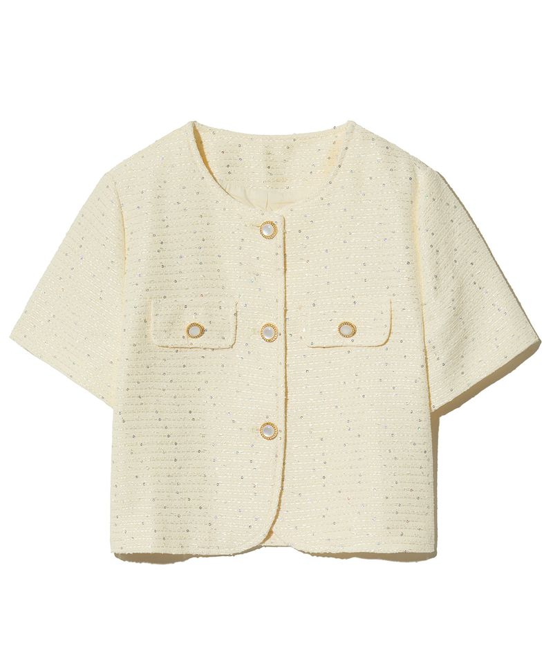 85-VIVAJ055 Textured Round Crop Tweed Half Jacket White