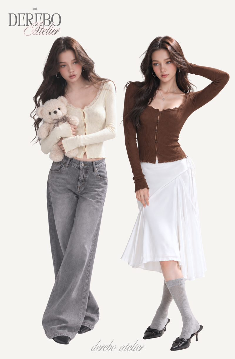 Jacquard square-neck knit long-sleeve cardigan