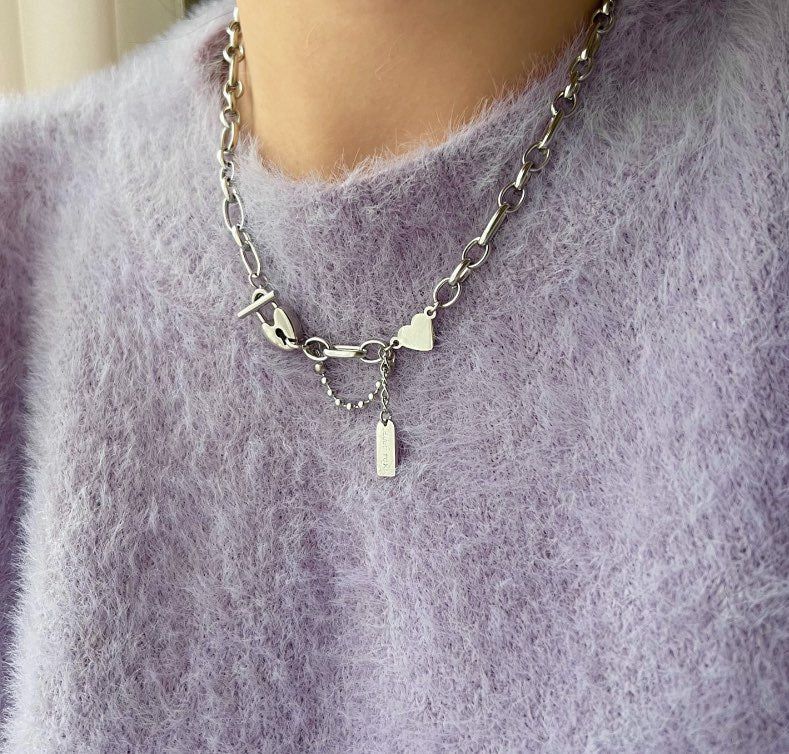 halo Surgical Steel Heart Lock Drop Two-Line Necklace