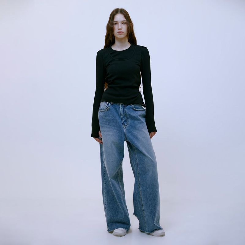 Distressed Wide Denim Pants (BLUE)