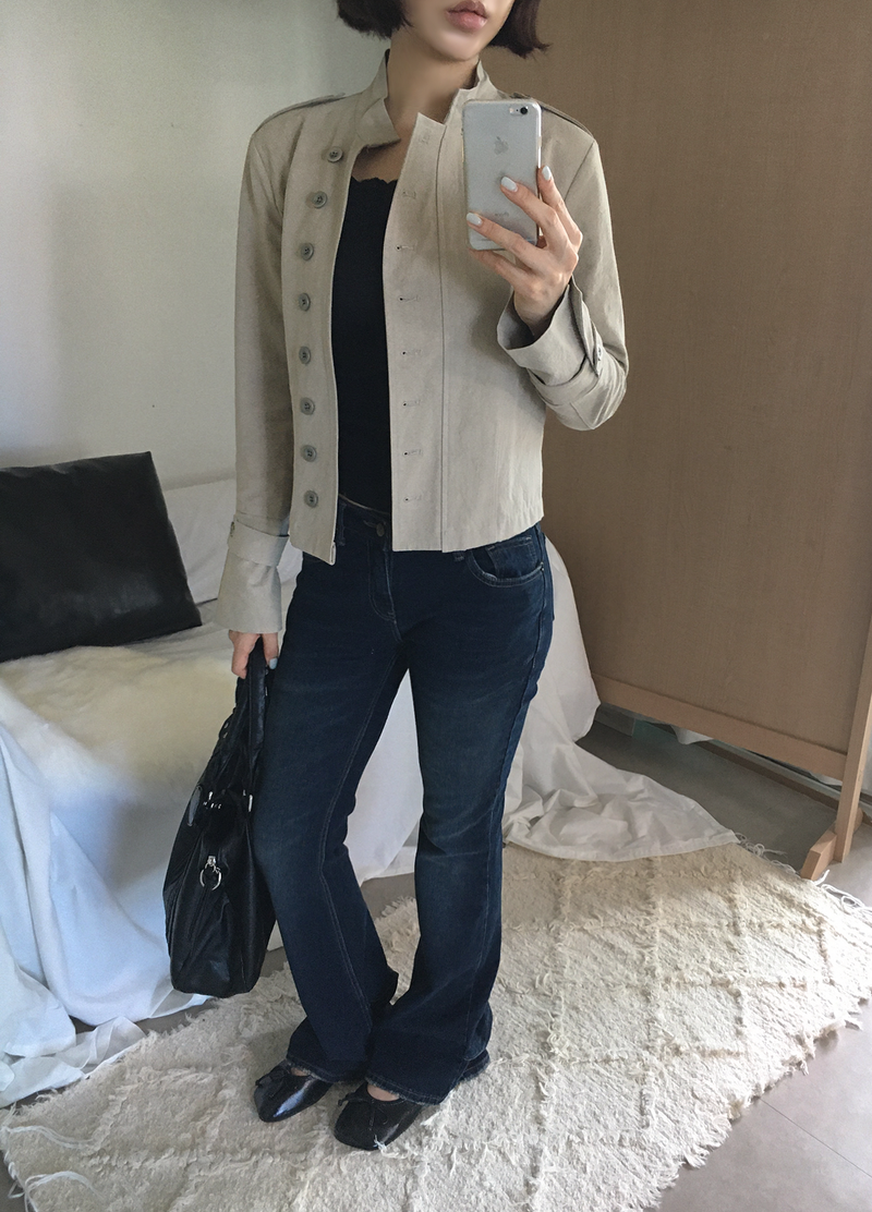 Gashu Napoleon-style buttoned semi-high neck transitional autumn jacket