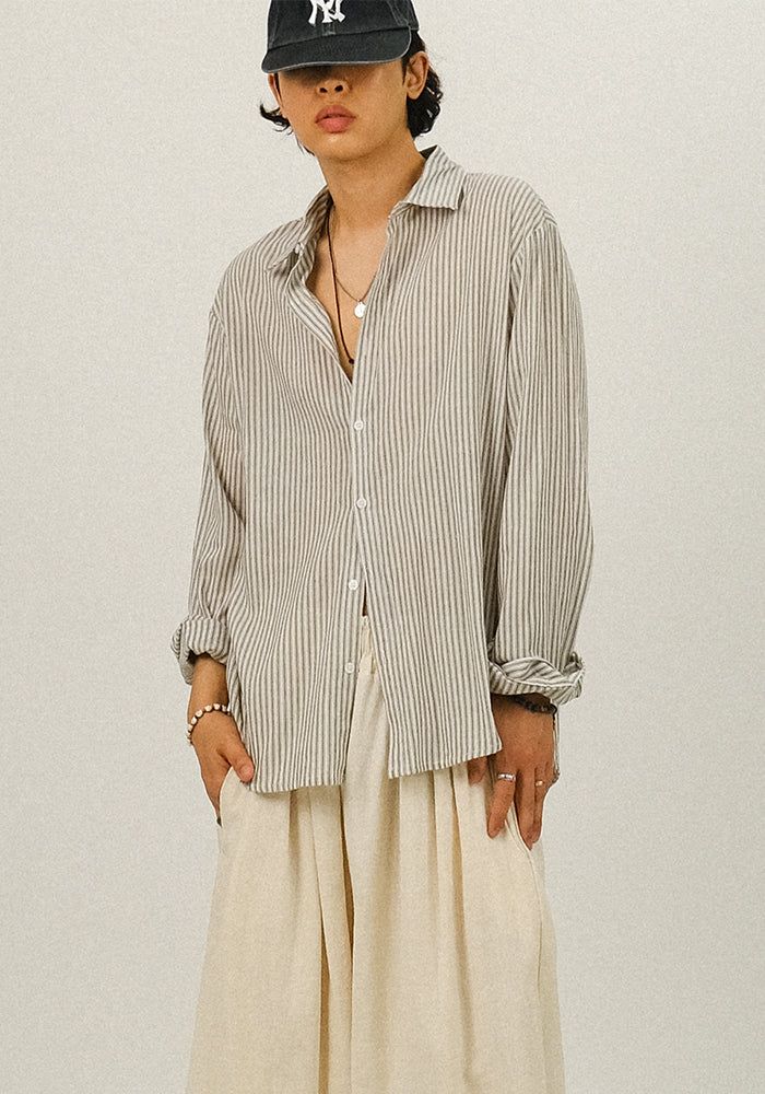 SEMIKAJI（セミカジ）の「PM Linen Stripe Loose Fit Shirt（Tops）」