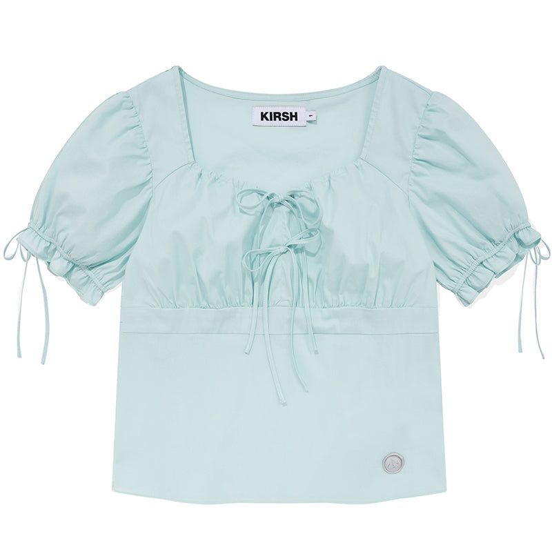 RIBBON SHIRRING SHORT SLEEVE BLOUSE [ICE]