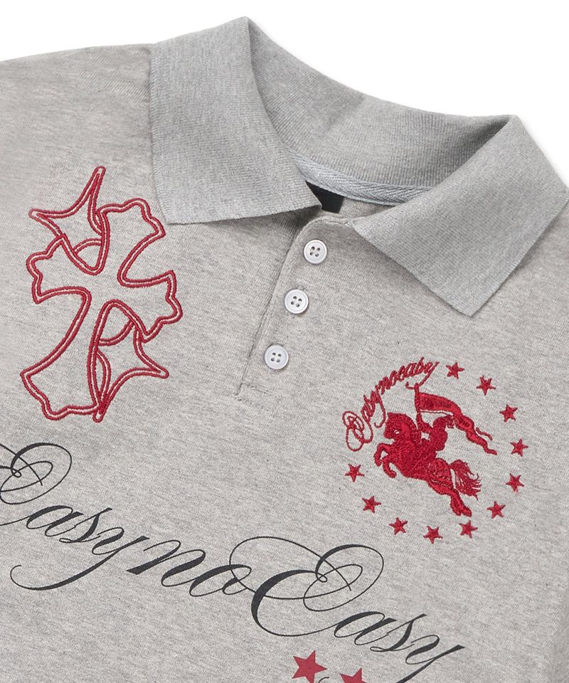 Horse emblem embroidered collar T-shirt - Gray