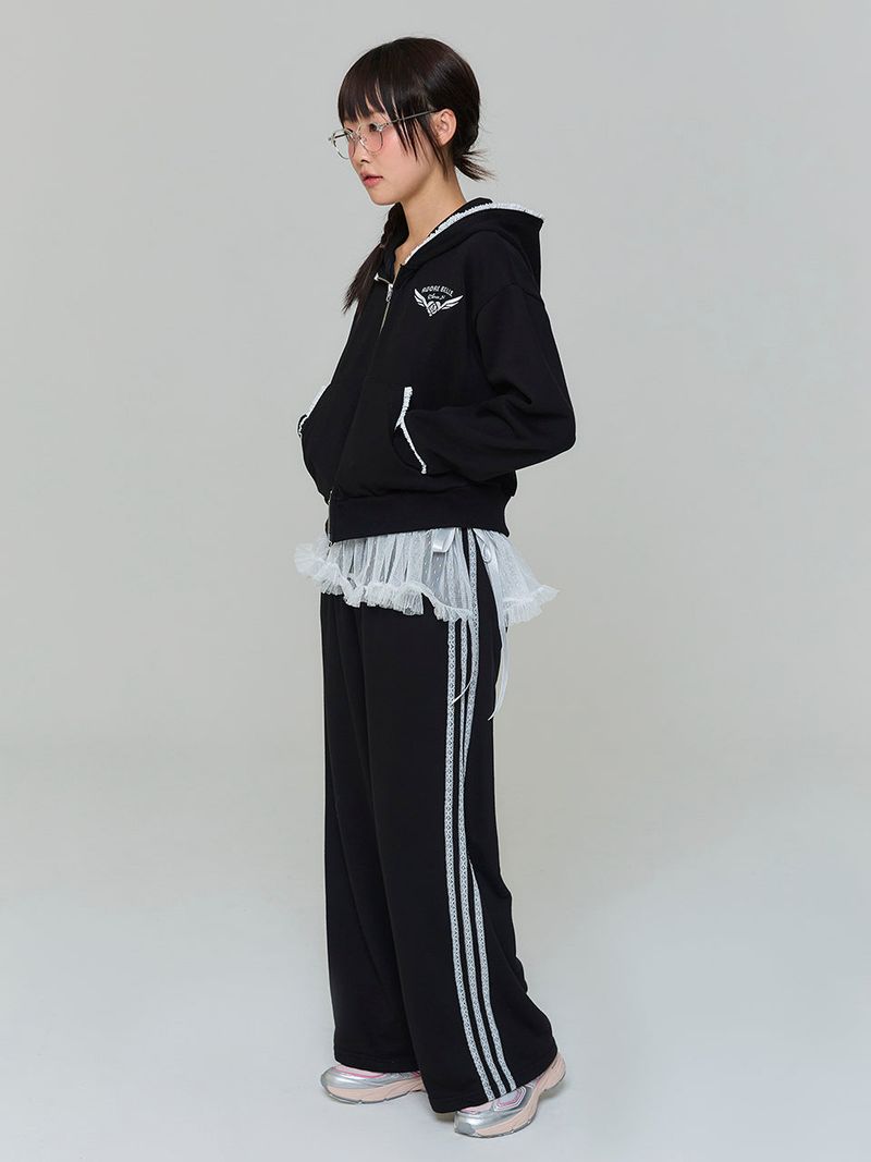 LACE APPLIQUE HOOD ZIP-UP - BLACK