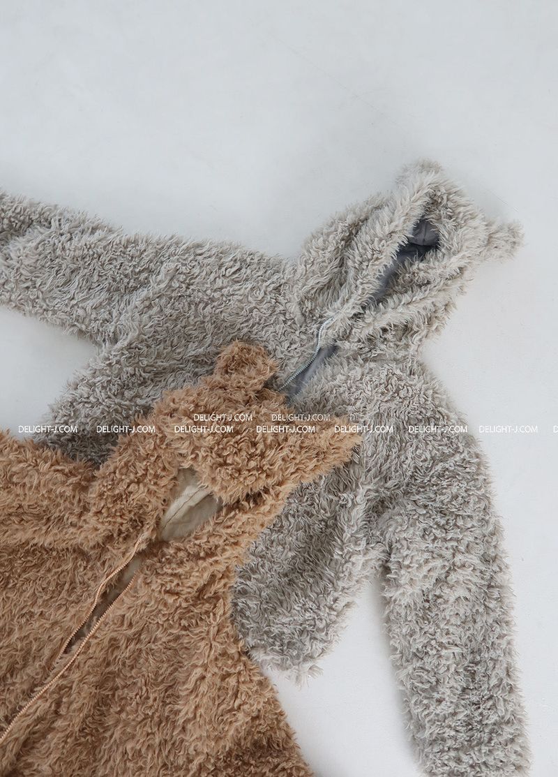 Rabbit ear hood zip-up soft fur jacket