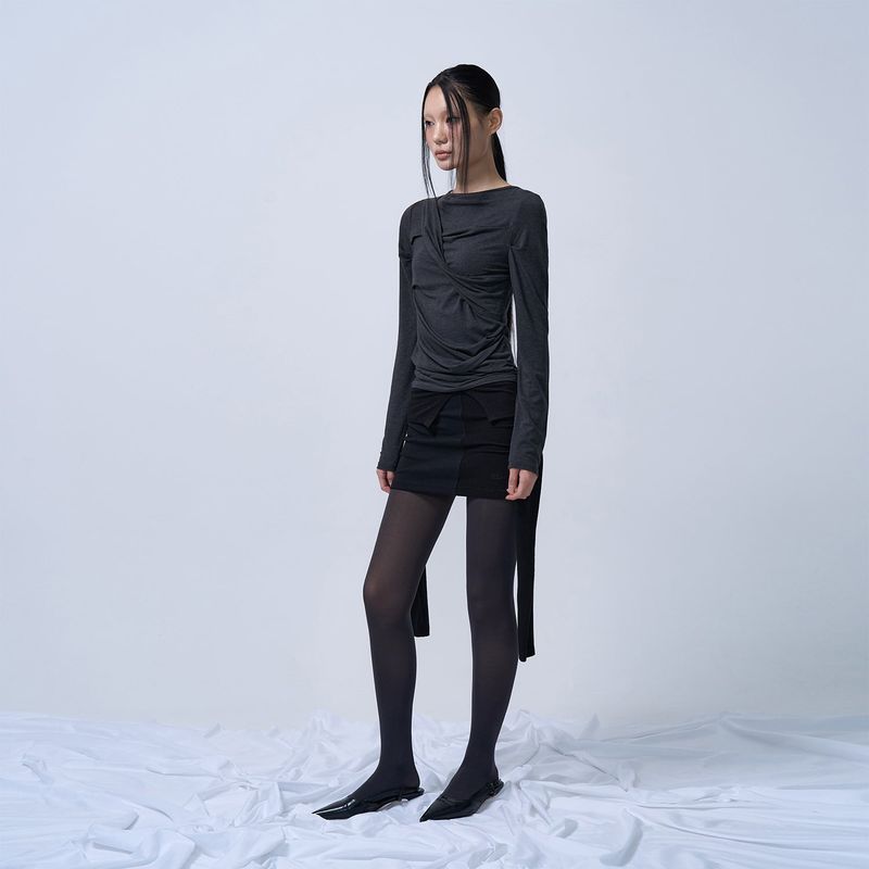 TWIST DRAPE LONG SLEEVE TOP (MELANGE BLACK)