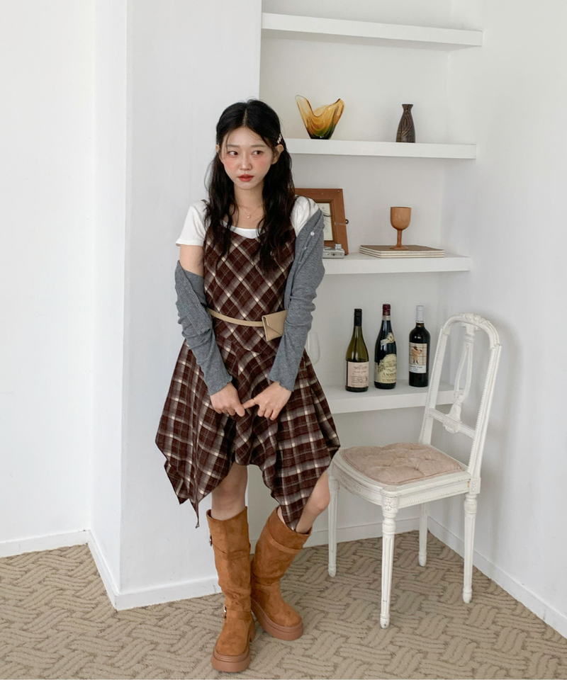 Mute Unbalanced Bustier Checkered Dress