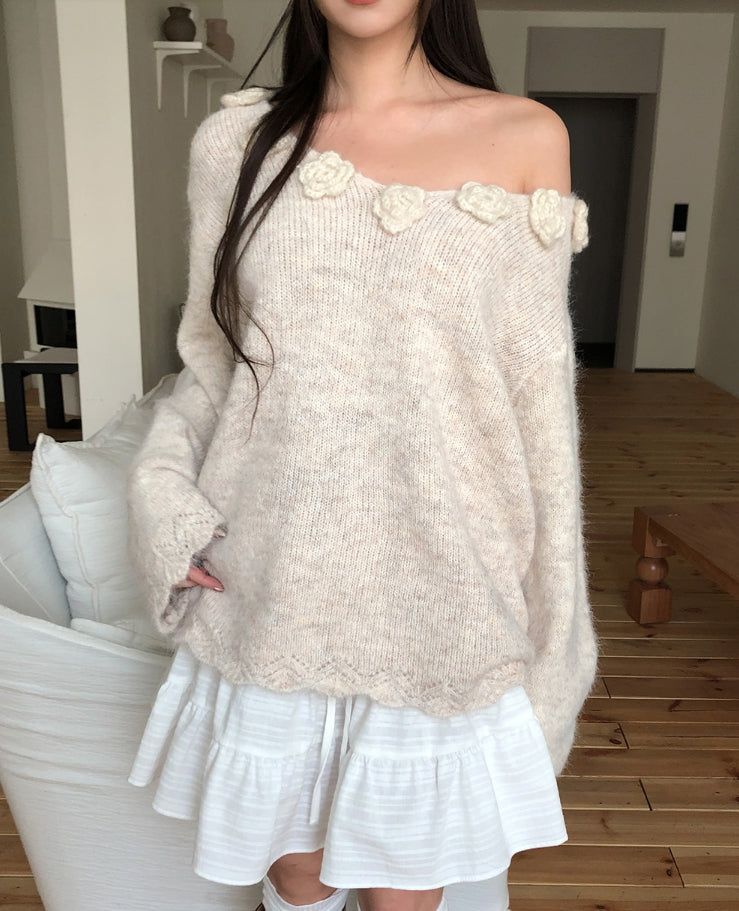 Rosy Flower Hairy V-neck Knit