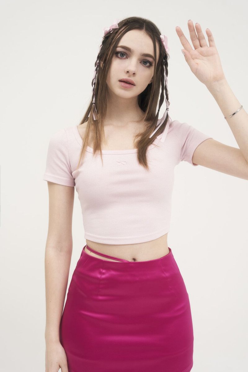  [Seow] Croped logo T-shirts, pink