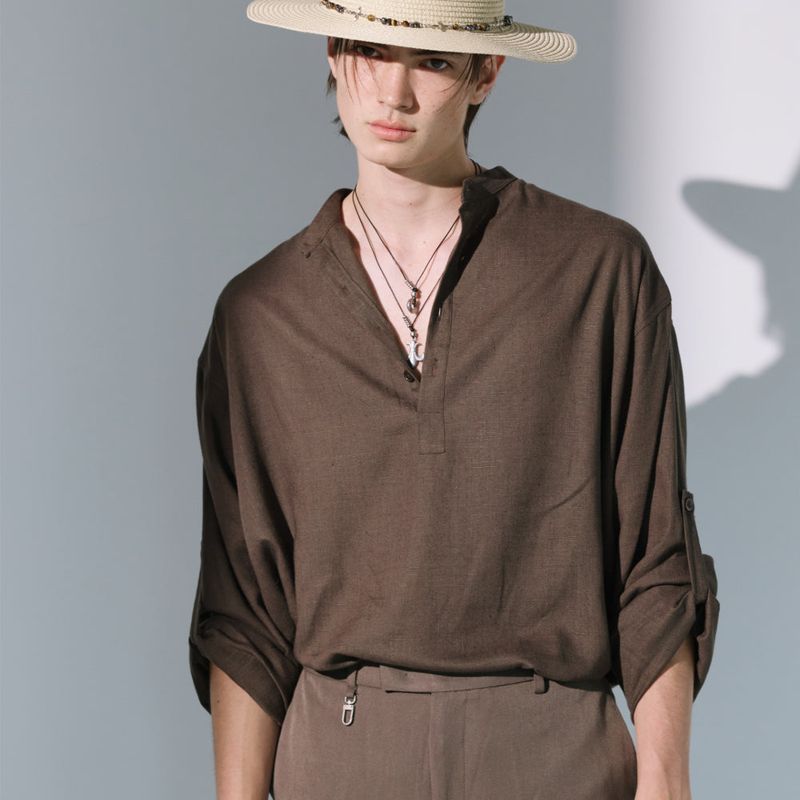 linen concho roll up shirt brown