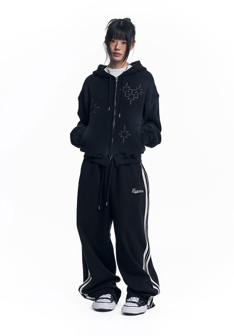 Washed Star Waffle Hooded Zip-Up - Black