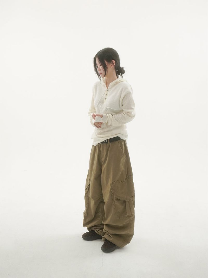 Woksta henley neck finger hole hood knit -3C