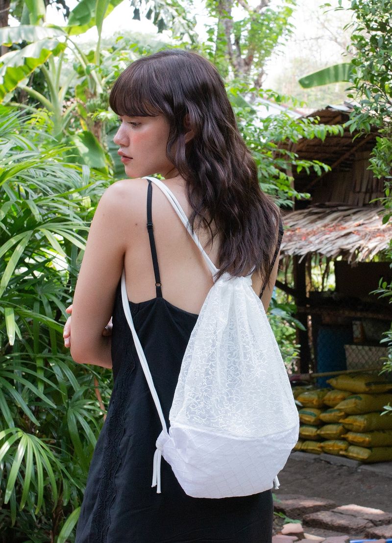  Lace Drawstring Bag - White