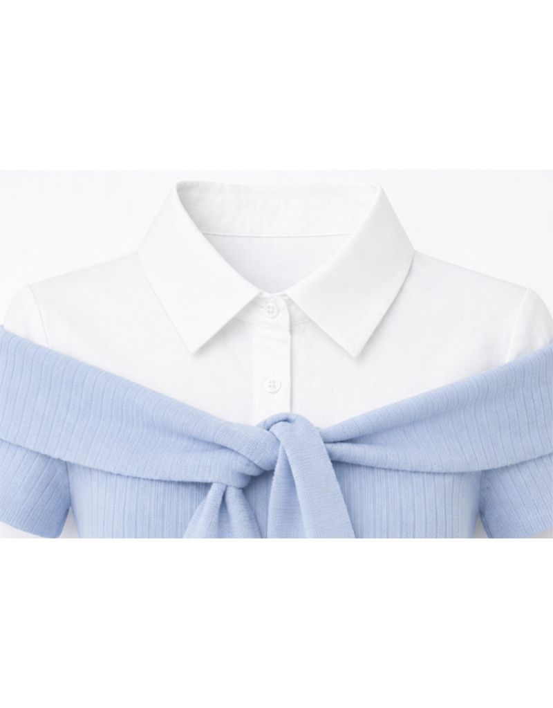 Elly Off-Shoulder Tie Ribbed Short Sleeve Knit T-Shirt Skyblue