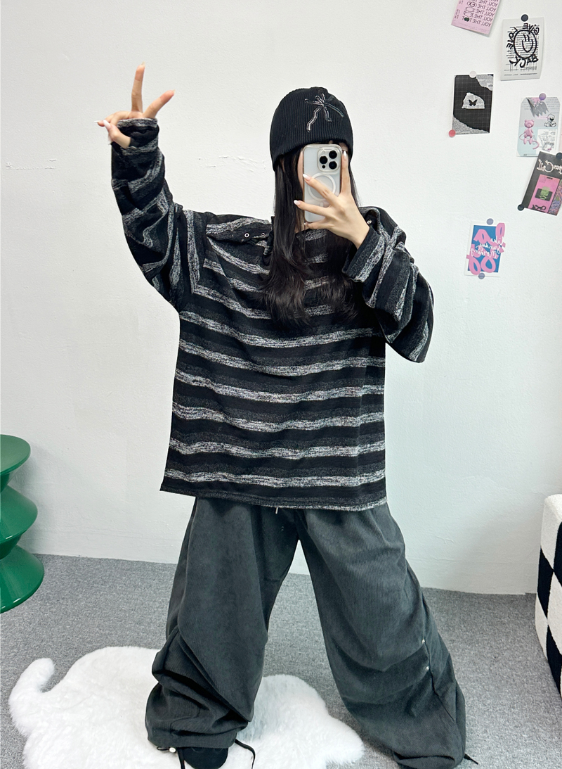 SHOULDER SNAP WARMER POINT STRIPED KNIT🤎🖤🧸 - 2 COLORS