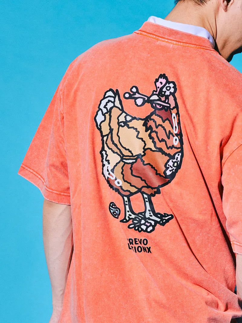 WREVOLUTIONX by WooLeeX（レボリューションエックス バイ ウーリーエックス）の「Sakura Animals Tangerine Denim Washed T-Shirt (Coq)（Tops）」