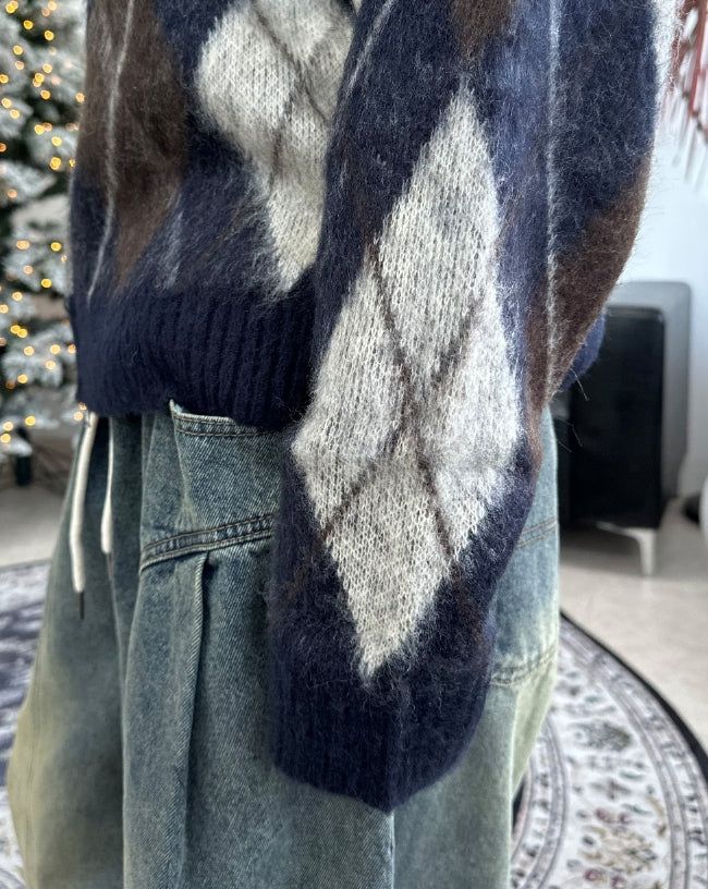 Ruel Argyle Mohair Knit Zip-Up