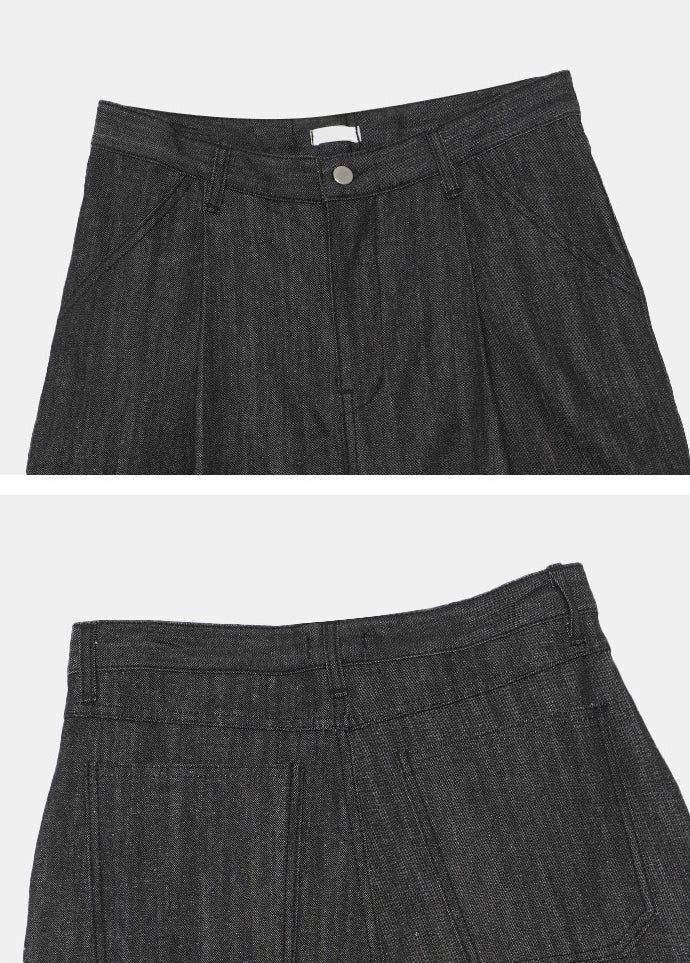 Pintuck Wide Raw Denim Bermuda Pants
