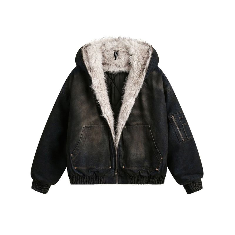 D quilted hooded denim fur cropped padded jacket