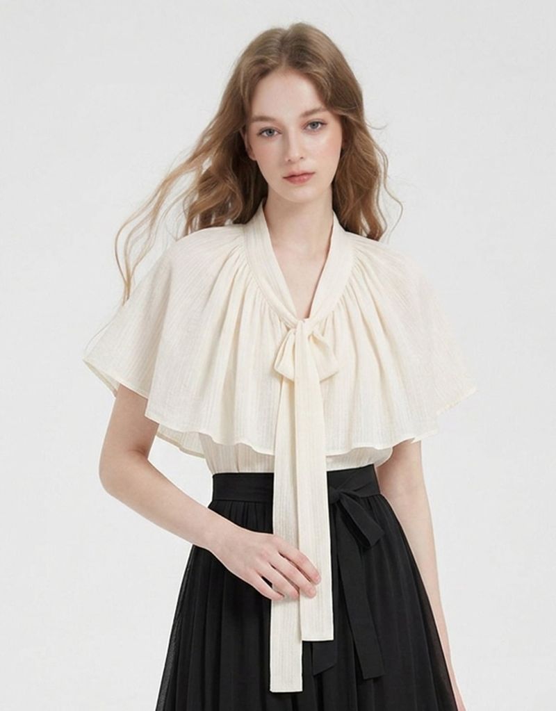 Leonie V-Neck Cape Tie Button Blouse Ivory