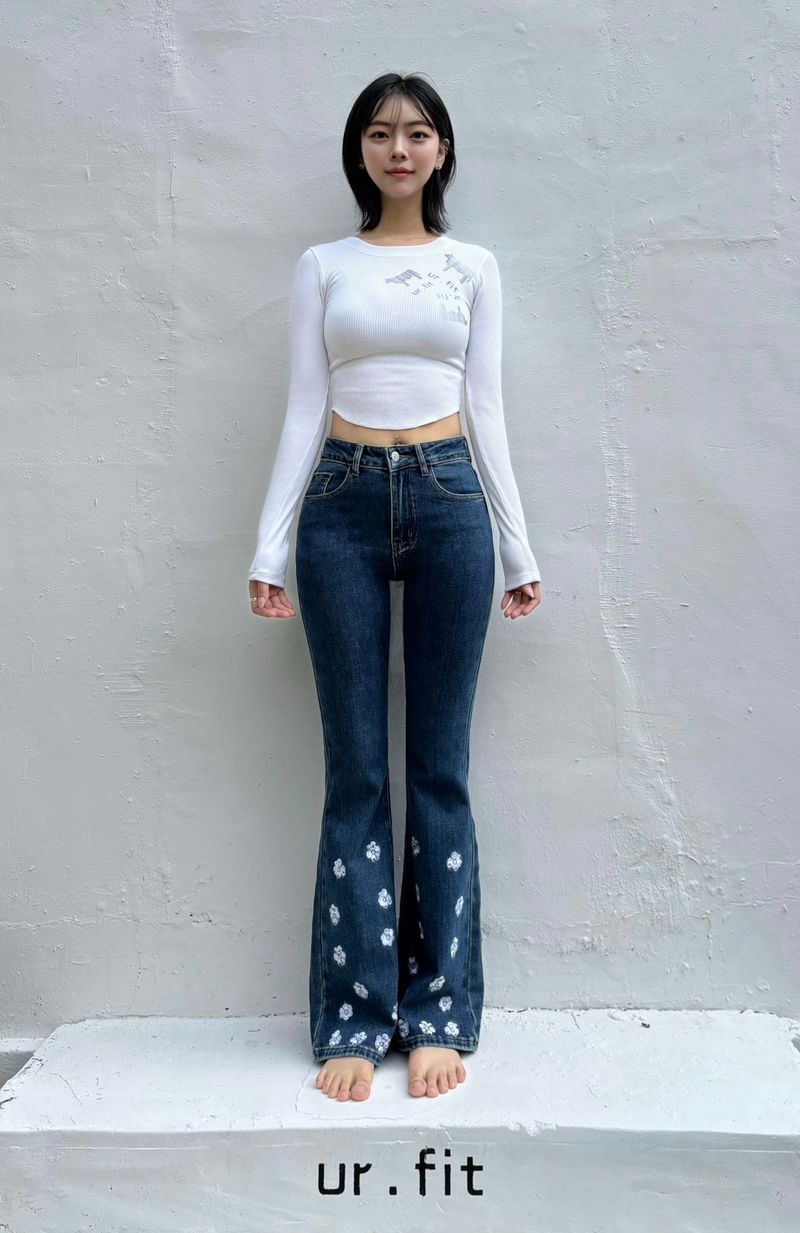 DARK BLUE EMBROIDERED SPANDEX BOOTCUT DENIM PANTS code 18315