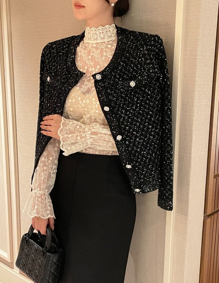 Nemu Spangle Pearl Knit Jacket Cardigan