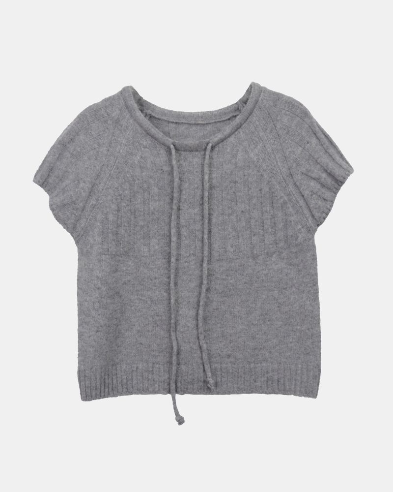 Moon Round-Neck Ribbon Layered Wool Short-Sleeve Knit