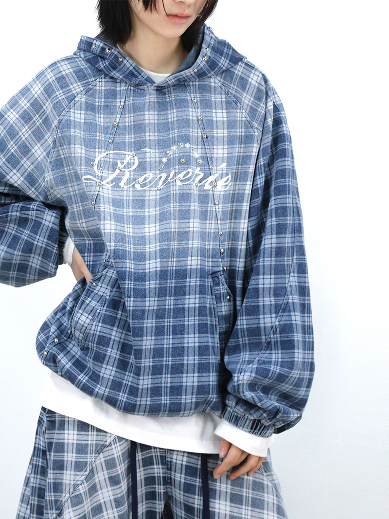 RELABEL (Gemeng) Stud-embellished, printed, gradient-wash checked hooded denim sweatshirt