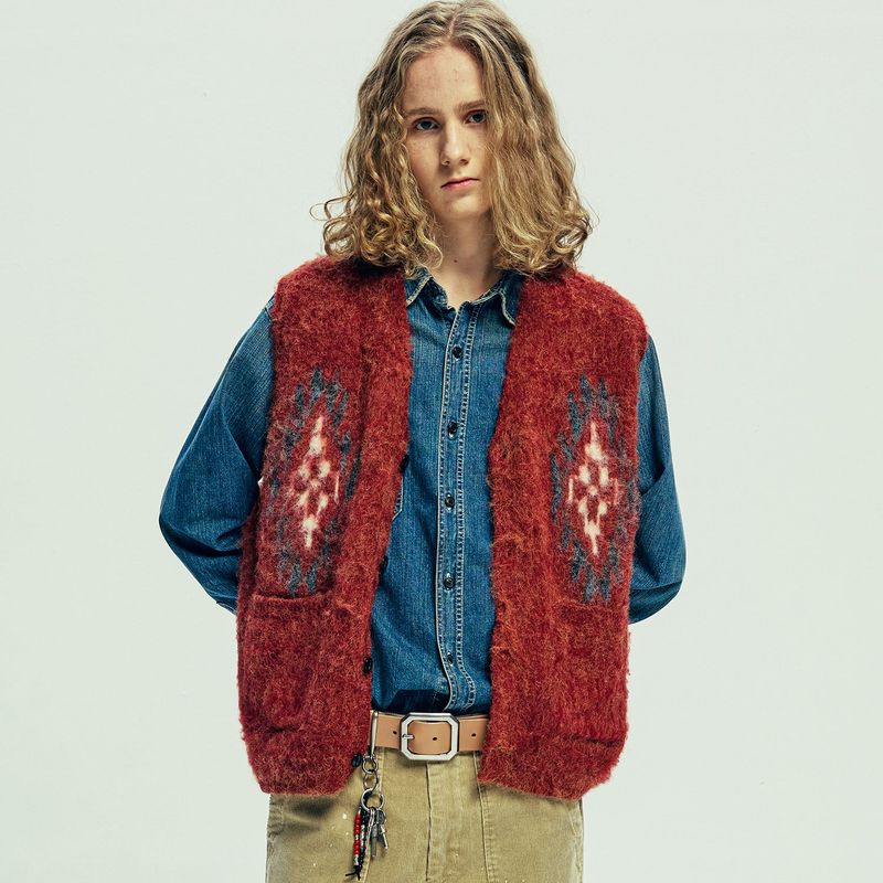 chimayo pattern brushed knit vest brick