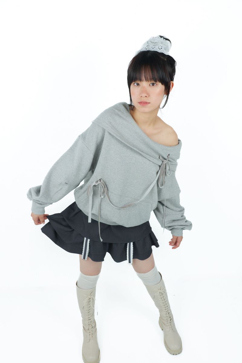 offshoulder ribbon hoodie(gray)