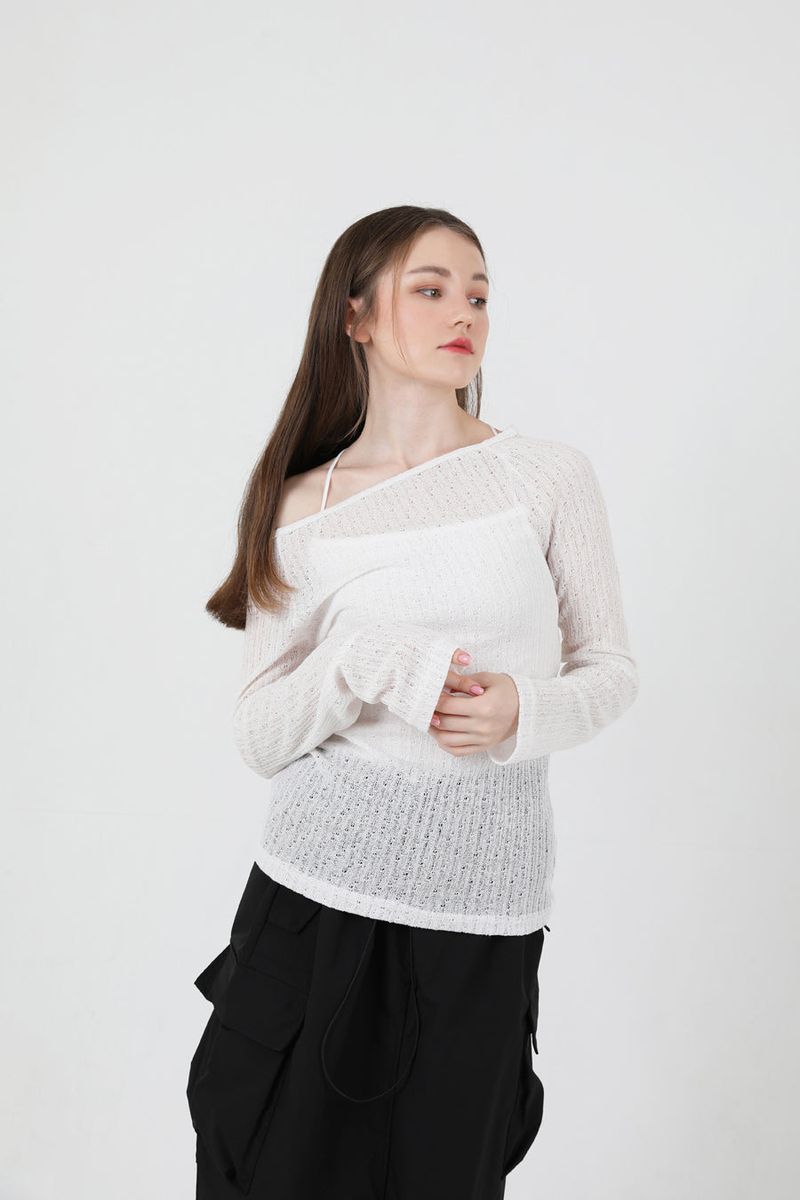 See-Throught Back Slit Long Sleeve Knit White