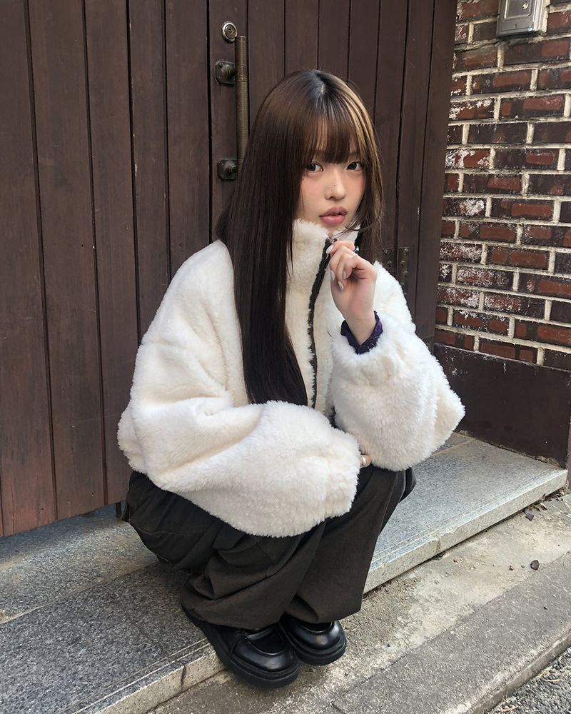 Deuren Quilted Fur Color-Block Zip-Up Jumper