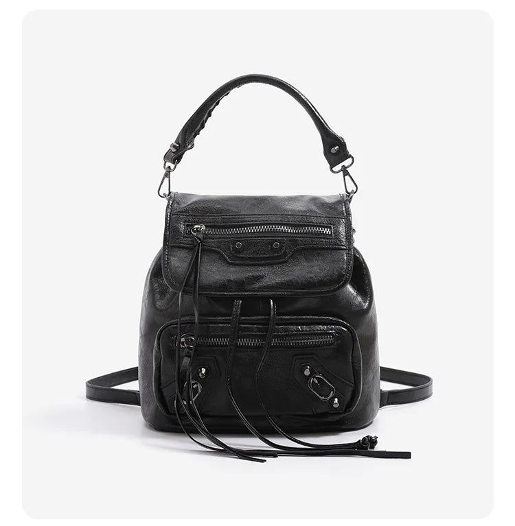 Y2K Oil-Waxed Leather Pocket Mini Backpack 2-Way