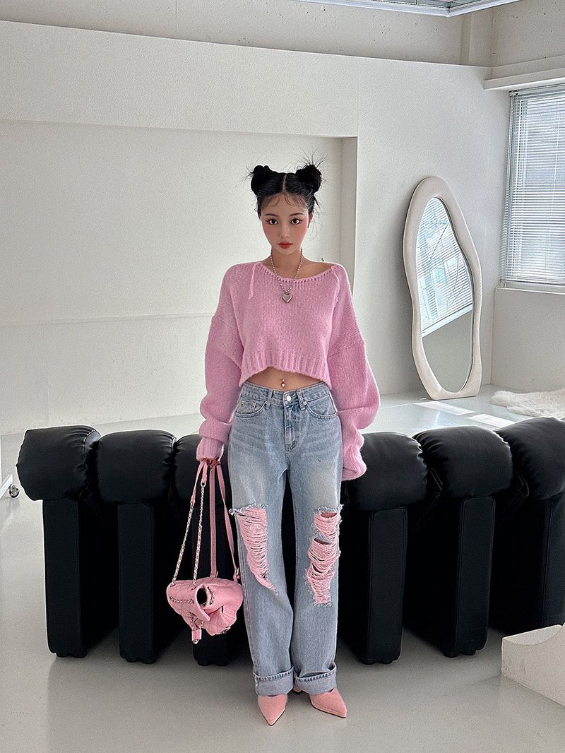 Pink Damage Wide Jeans