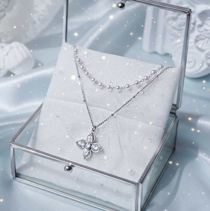 [NMIXX ジウ Necklace] ルナ ブロッサム レイヤード ネックレス - Silver color