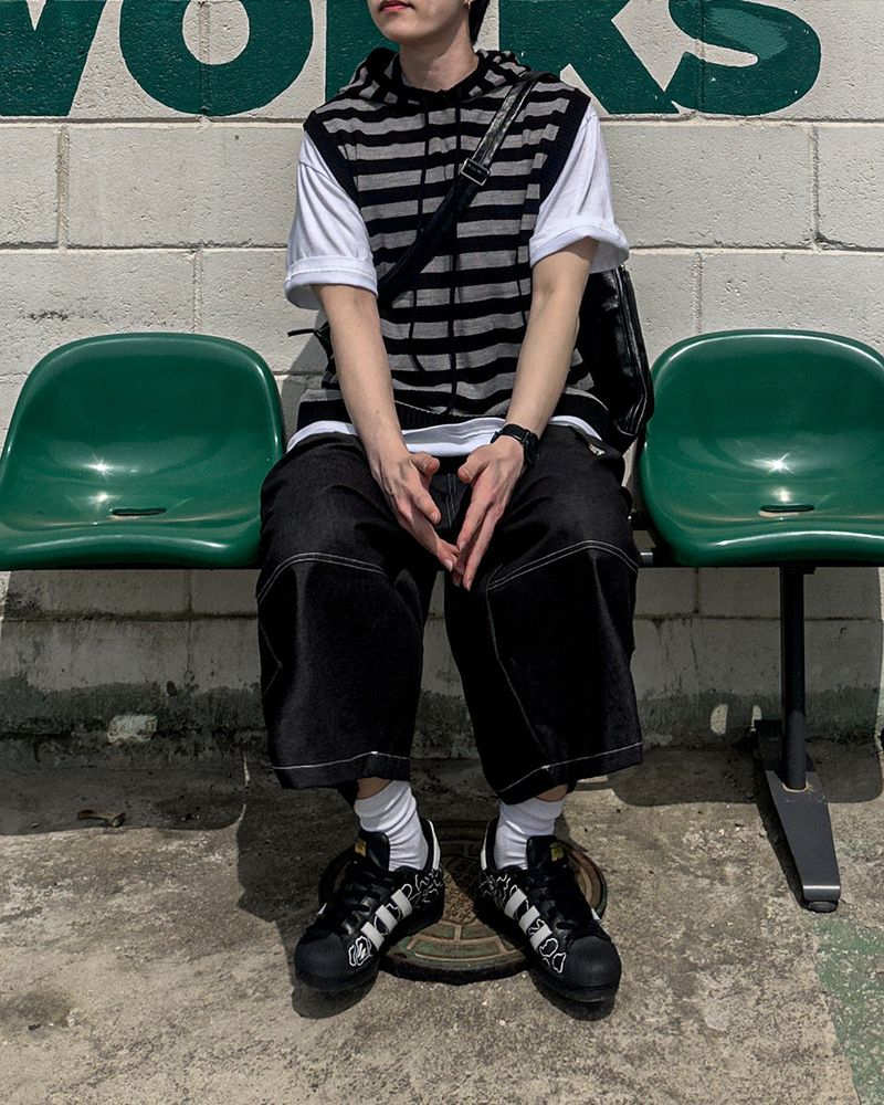 Broad Stripe Knit Hoodie Vest
