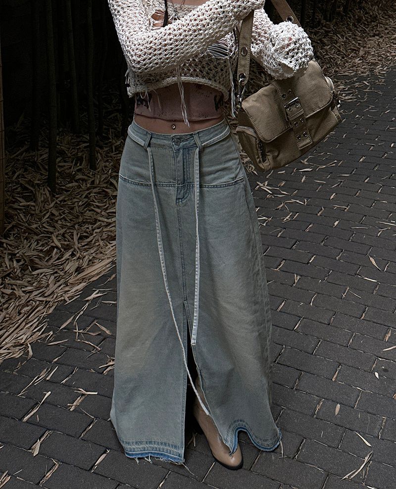 Strap belt Set Denim Long Skirt